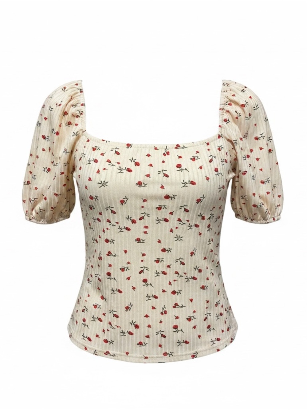 Cream Square Neck Puff Sleeve Top with Red Floral